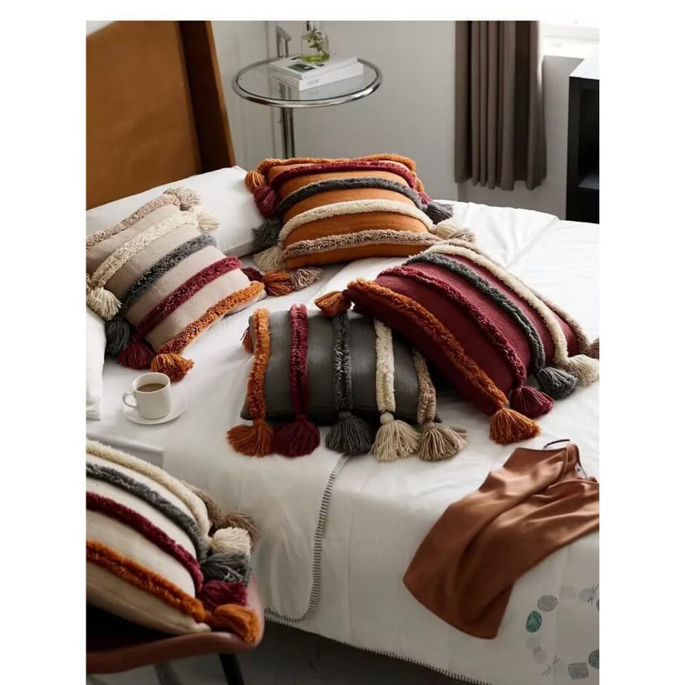 Travesseiro boêmio com borla, estilo nórdico, travesseiro de sofá rechonchudo, estilo marroquino, b e b, decoração macia