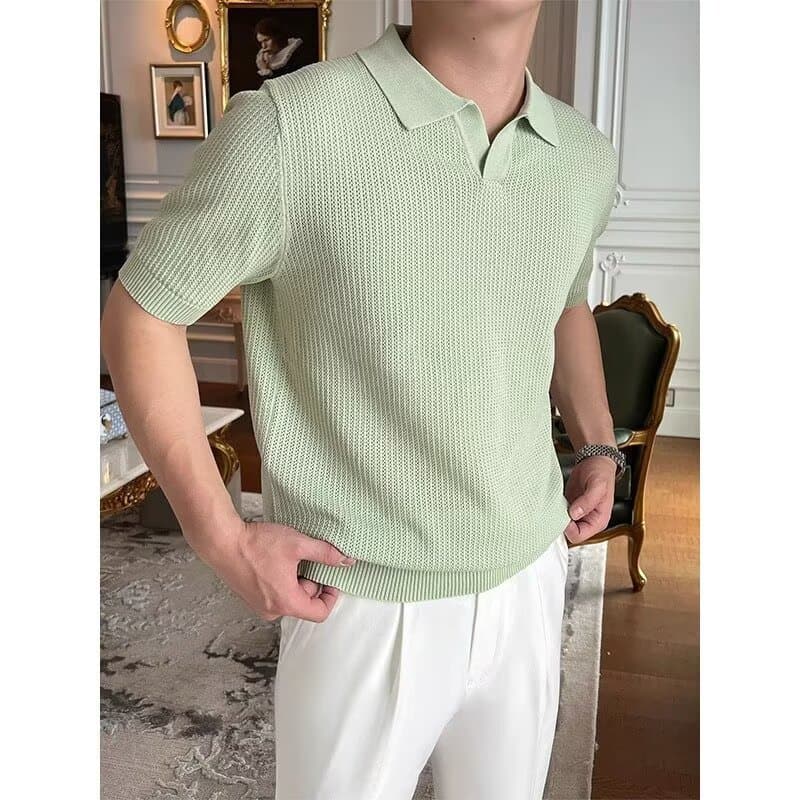 Camisa polo de manga curta masculina verão fina malha lapela camiseta High-End textura Casual respirável camisa polo top