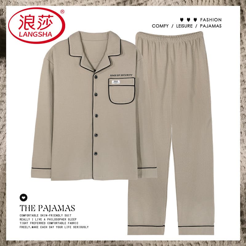 Langsha pijamas masculinos de manga comprida puro algodão Waffle primavera outono estilo fino 2023 novo estilo masculino