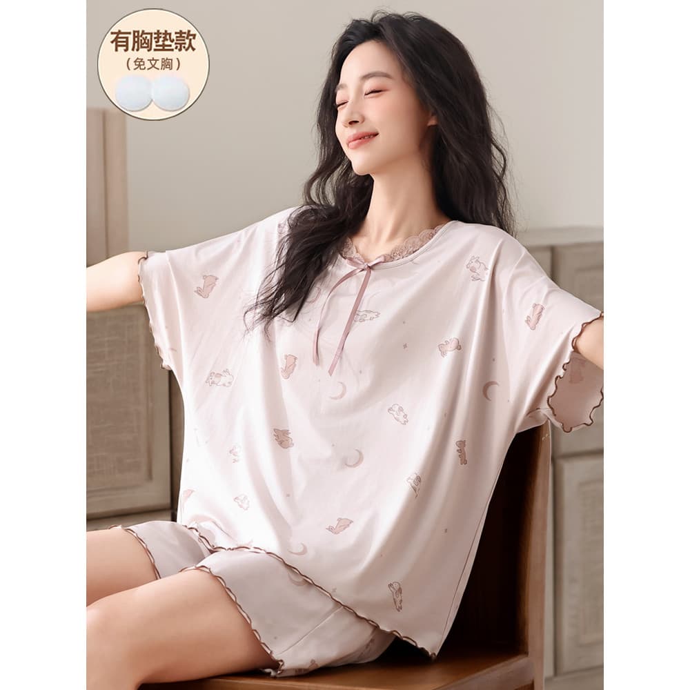 2026 novo estilo pijamas femininos com almofada no peito verão Modal com almofada no peito manga curta Plus Size estilo