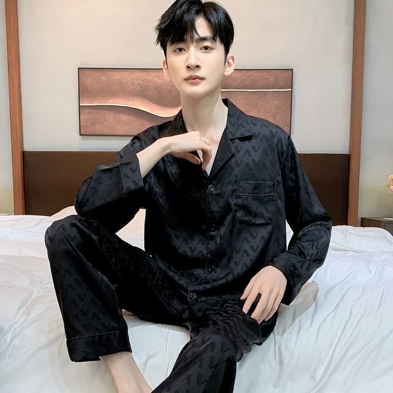 [Novo produto] Pijama de seda gelada masculino cetim sedoso primavera outono masculino seda manga comprida High-End verã