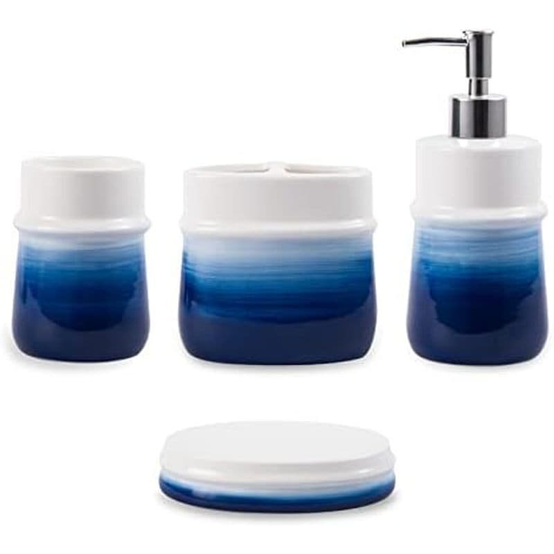 Conjunto De Acessórios De Banheiro Azul Marinho , Decoração De Cerâmica De 4 Peças , Contendo Copo De Escova De Dentes ,