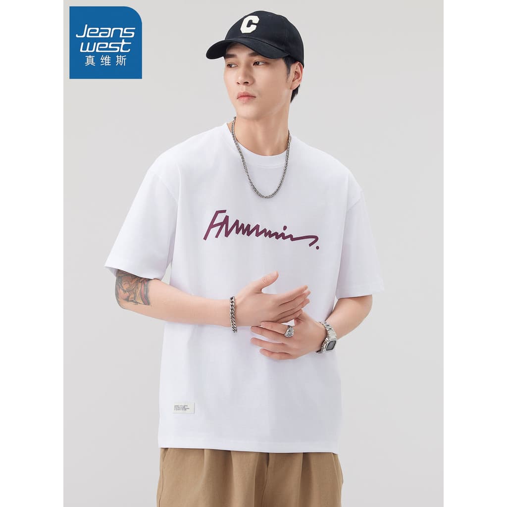 GR True Vice Camiseta Masculina Ombro Caído Branco Pesado Camiseta de Manga Curta Juventude Estampa Respiração Solta