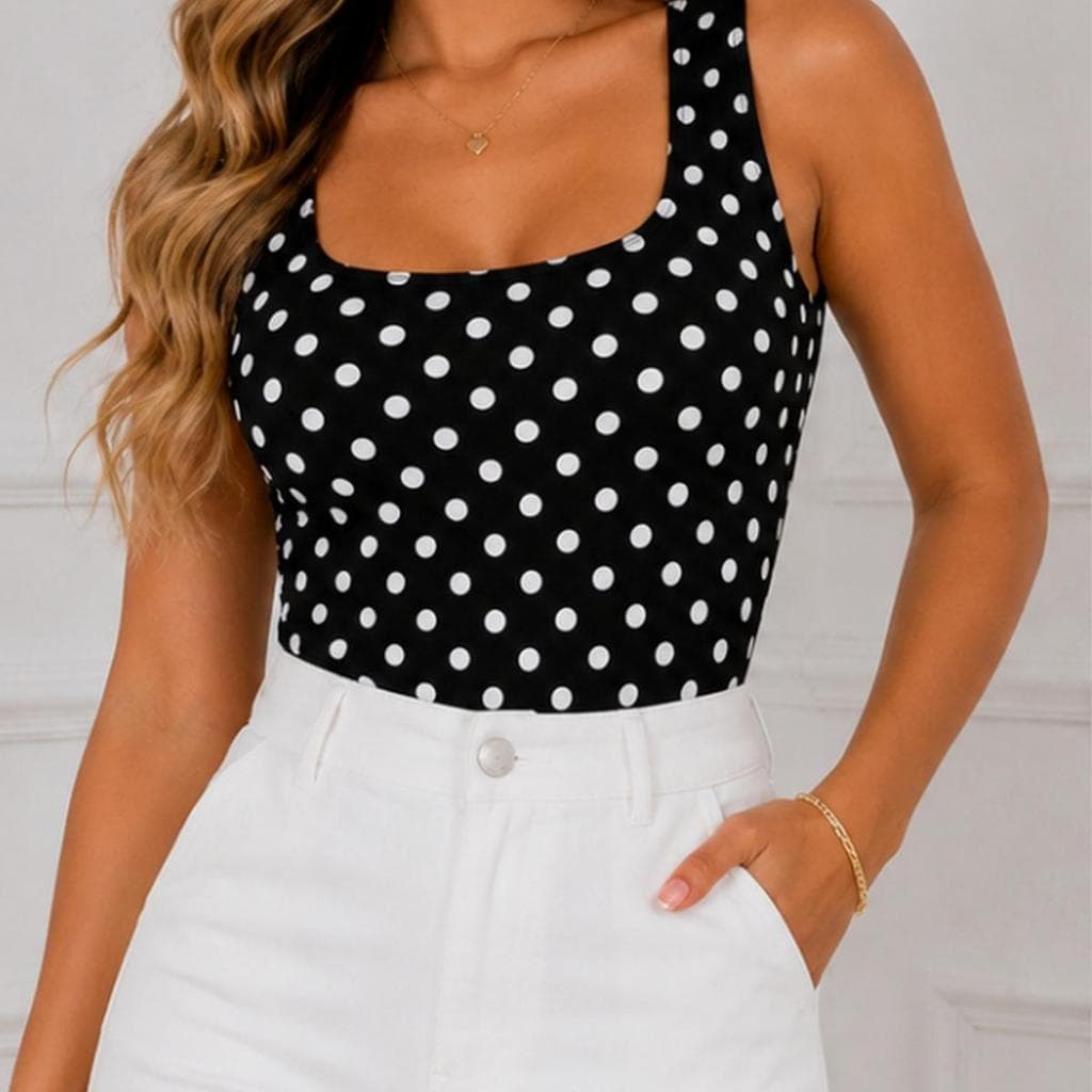 Body Feminino Poá  Bolinha Preto e Branco Body Decote Quadrado Alça Larga | Look Feminino Estiloso e Tendência
