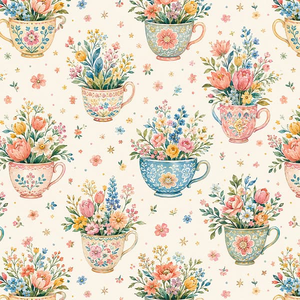 Tecido Tricoline Digital Estampado Xícaras Floridas Roupa Decoração Pano Costura Bolsa