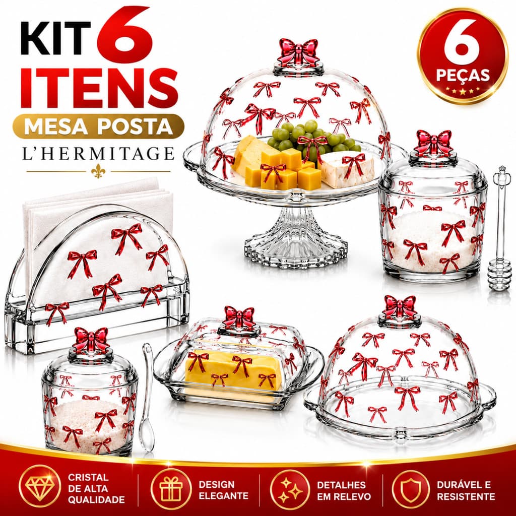 Kit Mesa Posta Cristal Luxo Boleira Porta Guardanapo Açucareiro Manteigueira Queijeira