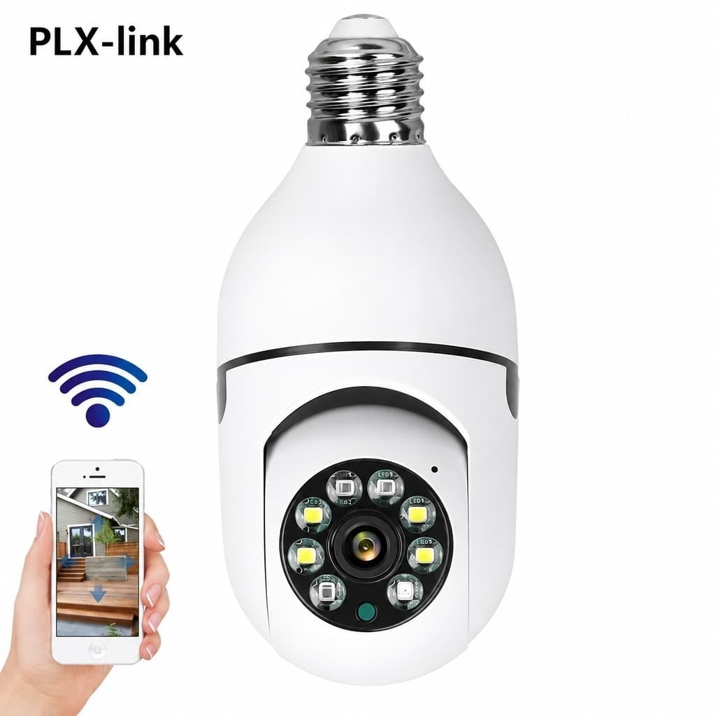 Câmera Wifi IP Sem Fio Giratória 360 Com Encaixe Lampada Bocal Rosca Noturna Segurança E27 PLX-link