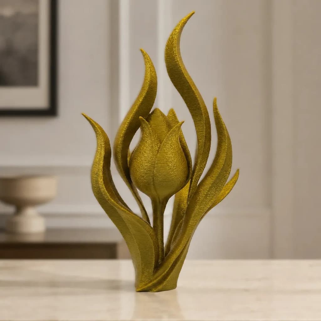 Escultura Tulipa Dourada Decorativa 15cm Para Mesa Sala