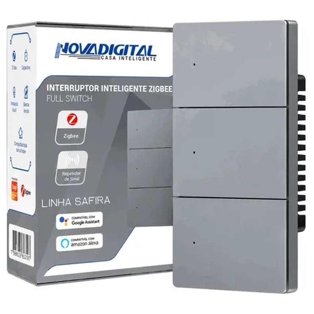 Interruptor Inteligente Zigbee 3 Teclas Novadigital Safira SA-3 10A 127/220V Cinza Escuro Compatível Alexa Google