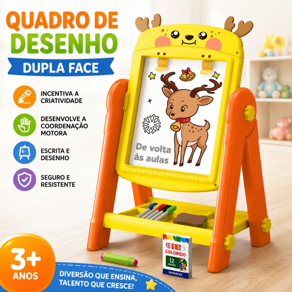 Tela de Desenho e Quadro Negro Infantil 2 em 1 Lousa Educativa com Giz Canetas Apagador e Bandeja Multiuso