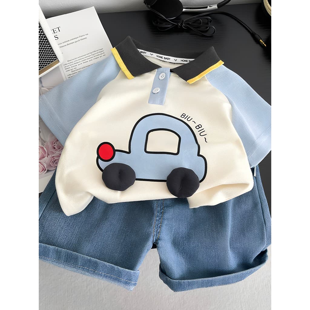 Terno de manga curta de verão para bebês de um ano, moda menino, verão, desenho animado, roupas de carro, roupas infanti