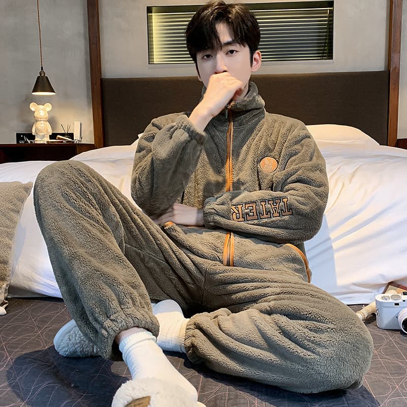 W inverno Coral velo pijamas masculino forro de lã engrossado flanela zíper masculino outono inverno Homewear pode usar