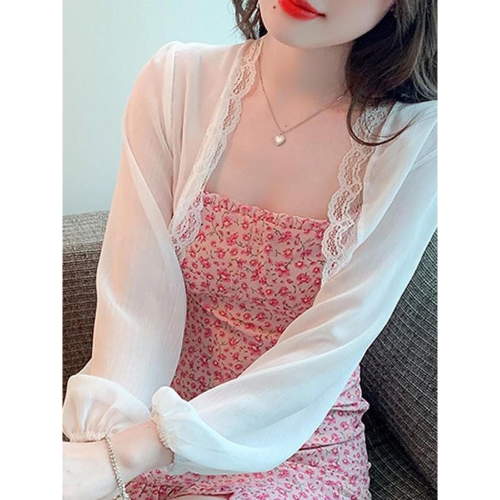 Verão feminino Chiffon protetor solar roupas curto rendas topo feminino Suspender saia pequeno xale exterior Cardigan bl