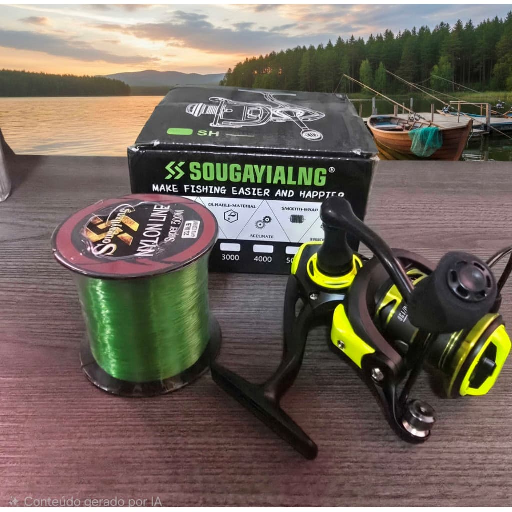 Kit Molinete de Pesca 1000 5,2:1 com Arrasto 20lb + Linha de Pesca 500m Nylon Verde