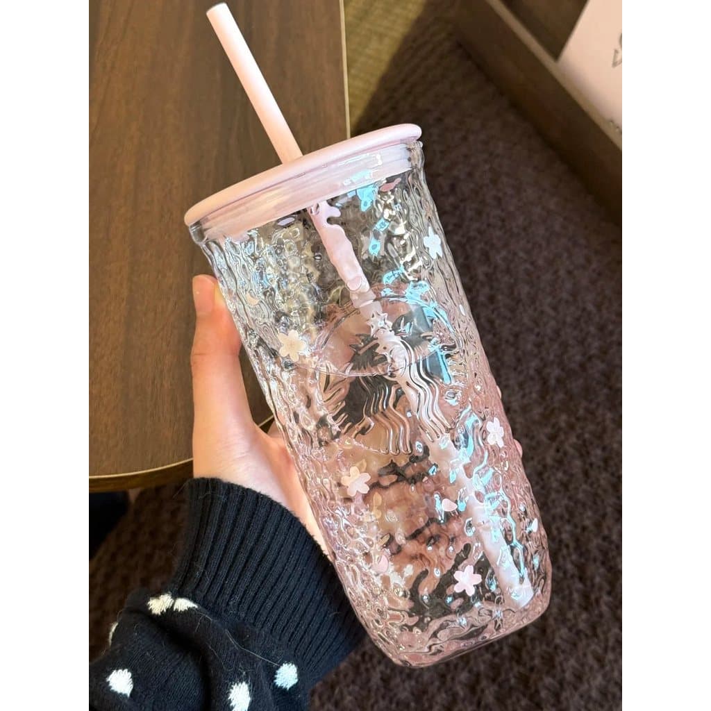 Starbucks copo novo estilo primavera cereja bonito animal de estimação triângulo copo de palha de vidro grande capacidad