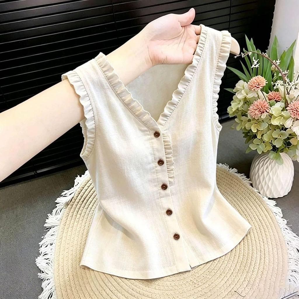 [Novidades] Camisa Fungus Edge sem mangas estilo coreano, 2026 verão novo estilo elegante colete requintado
