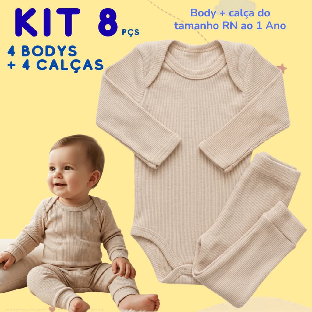 Kit 8 Peças 4 Bodys Bebê Manga Longa + 4 Calças Conjunto Maternidade Enxoval Canelado 100% Algodão