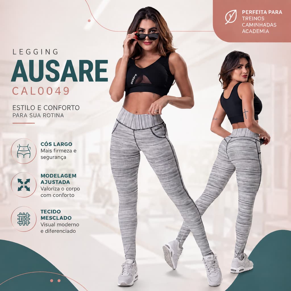 Legging Feminina Academia Ausare CAL0049 Fitness Estampada Cós Largo Para Treino Musculação Caminhada Corrida Exercícios