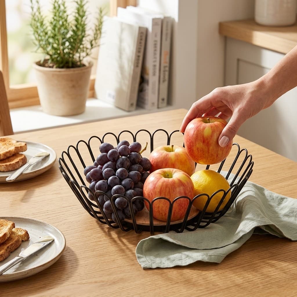 Fruteira Redonda De Bancada Metal Aramado Fundo De Madeira Bambu Cesto Organizador Decorativo