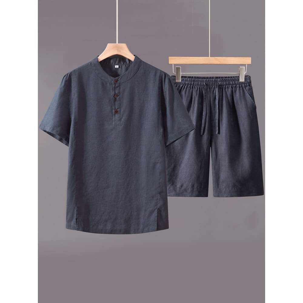 Terno de linho de alta qualidade masculino verão manga curta camiseta Shorts masculinos estilo chinês linho puro gola al