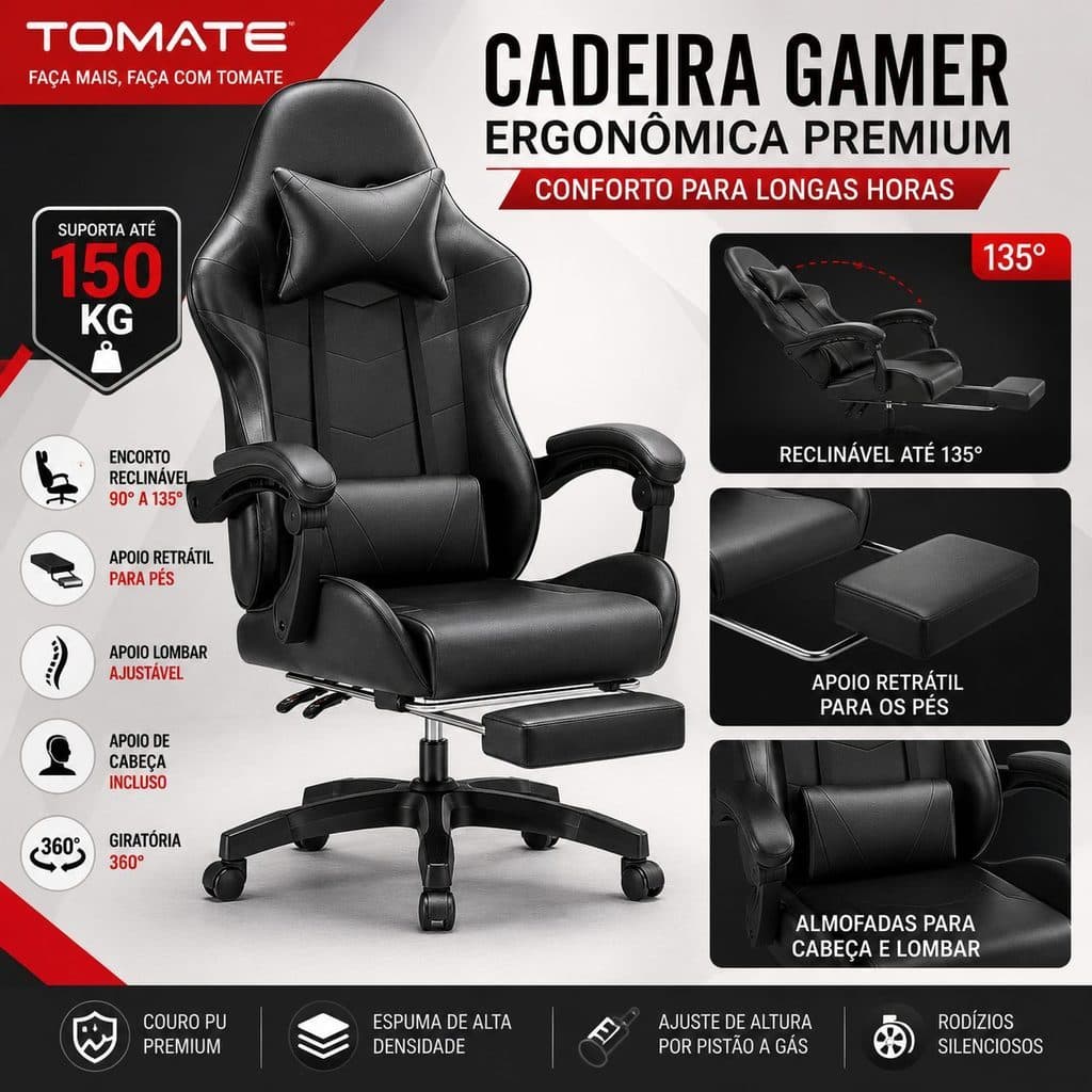 Cadeira Gamer Ergonômica Premium Reclinável 135° Com Apoio Para Pés Almofadas Lombar E Cabeça Até 150kg