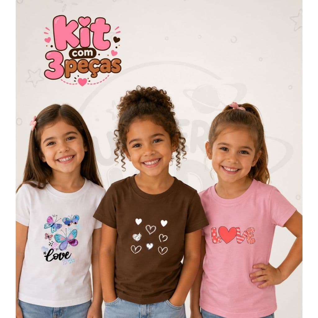 Kit 3 peças camisetas T-shirt infantil feminina corações Love envio Imediato