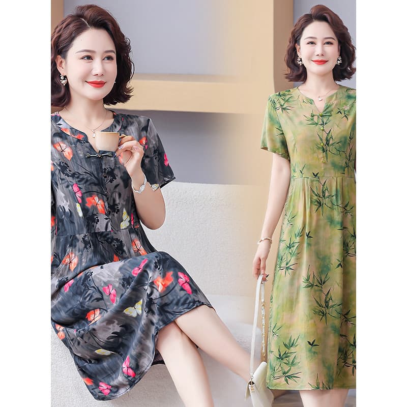 Elegante vestido de manga curta de verão para idosos de meia-idade, cobertura solta, aparência mais fina, meados @-