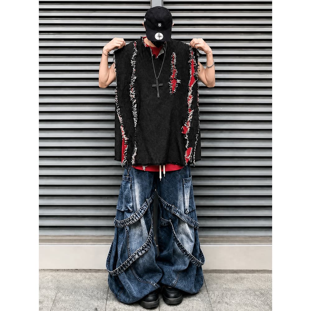 UUCSCC Hip-Hop Trendy Rasgado Angustiado Denim Retro Colete Solto vintage Wasteland Estilo Falso T de Duas Peças @