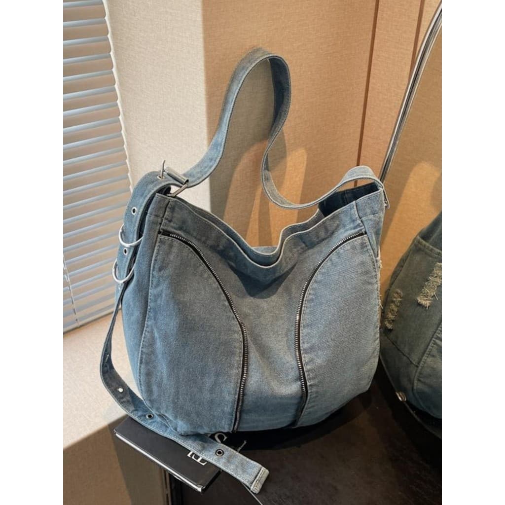 Casual feminino saco de pano grande capacidade literário Denim sacola moda feminina simples Commuter All-Match saco do m