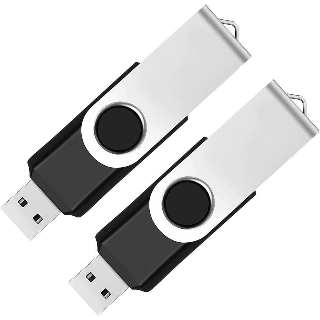 Pacote com 2 unidades de pen drive USB de 64GB USB2.0. O pen drive possui um design dobrável com sistema de armazenament