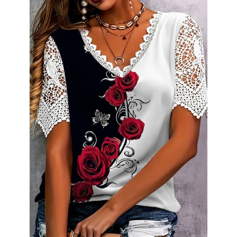 S-4XL Verão Feminino T Camisa Senhoras Topos Renda Emenda Impressão Camiseta Feminina Topo