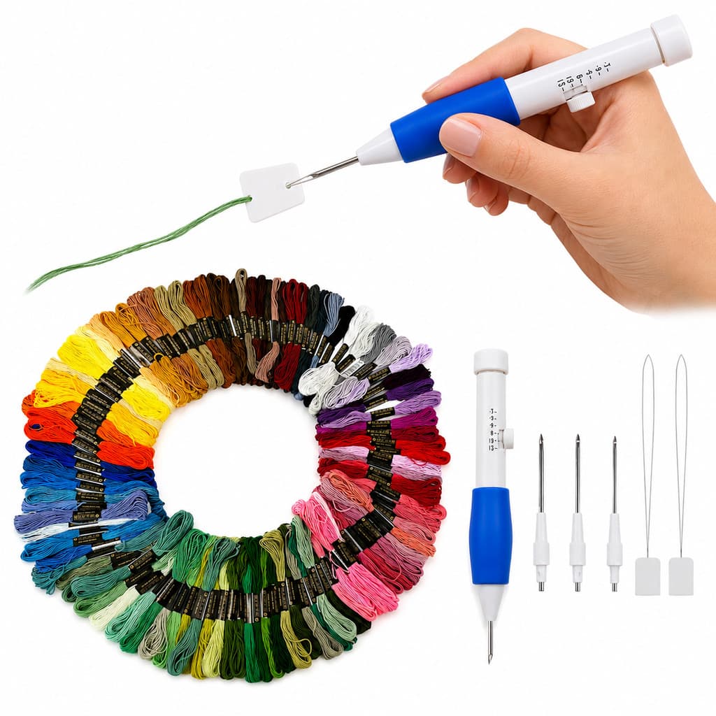 Kit Bordado 100 Meadas 8m Ponto Cruz Agulha Mágica Ponto Russo Punch Needle 3 Agulhas 2 Passadores