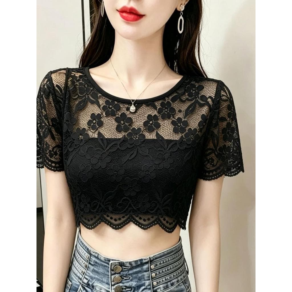 Tule oco renda topo feminino verão estilingue saia de manga curta camiseta de fundo curto pulôver blusa de malha