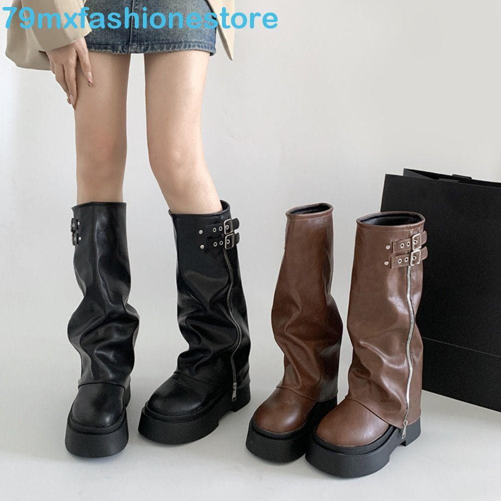 MXFASHIONESB Botas Femininas Até O Joelho , Fivela De Cinto Y2K Punk De Motociclista , Novo Design Longas