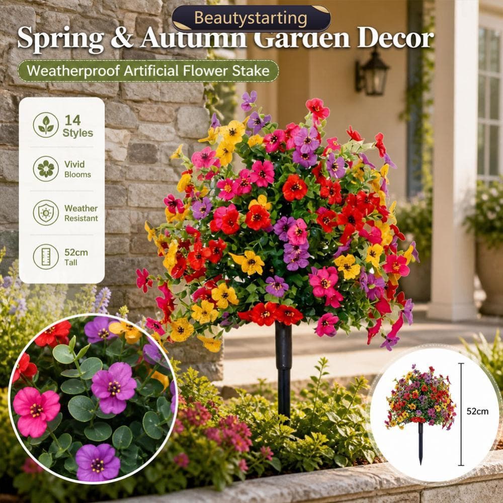 BEAUTYSTARTING Premium Lush Style Artificial Eucalipto E Violeta Jardim Estaca Flores Ao Ar Livre Falsas Para Quintal Pá