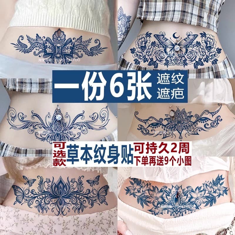 Adesivos de tatuagem de ervas à prova d'água, duradouro, capa de cintura feminina, estrias, não reflexivo, cobertura de