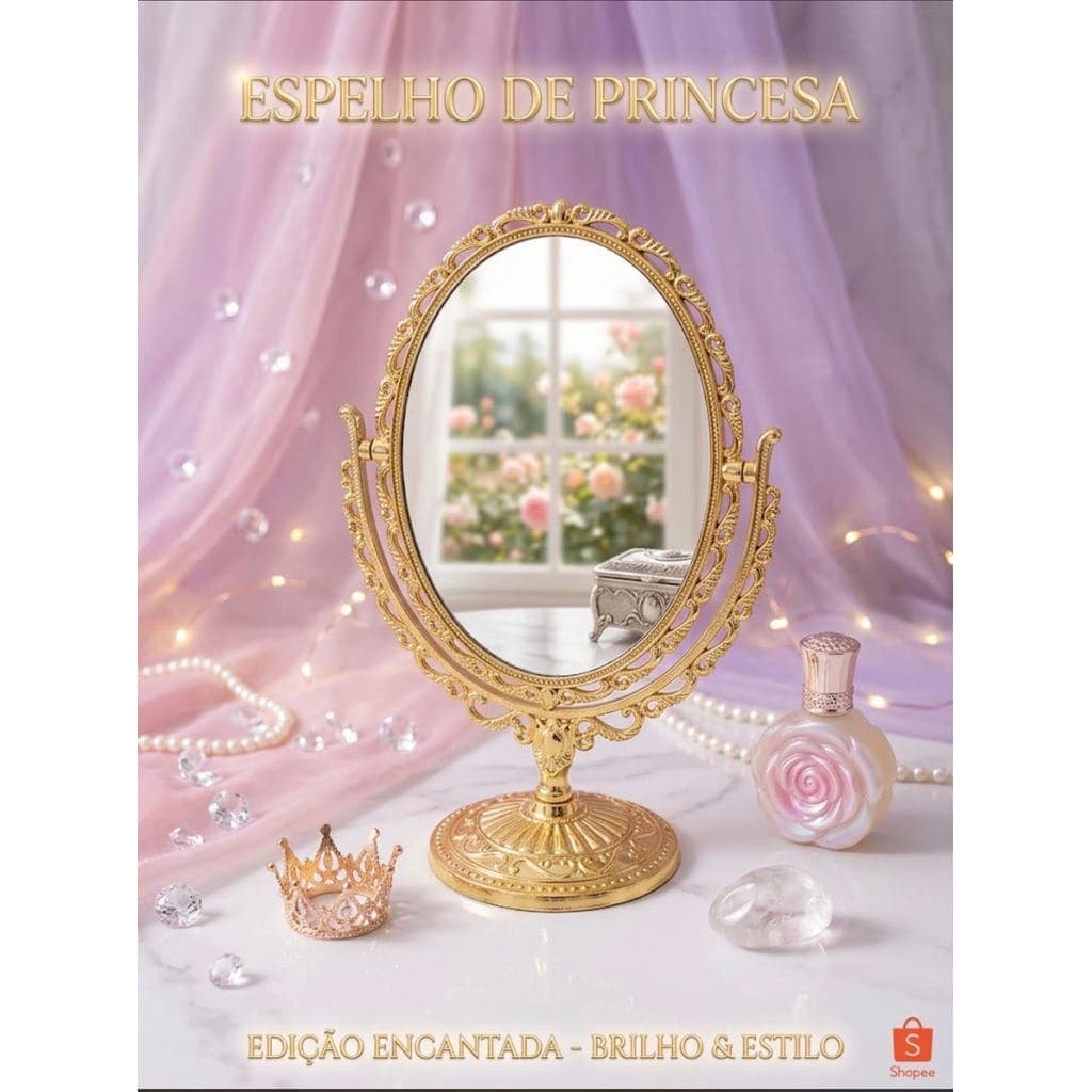 Espelho de Mesa Vintage Dupla Face Giro 360° Princesa Penteadeira Maquiagem Decoração Retrô