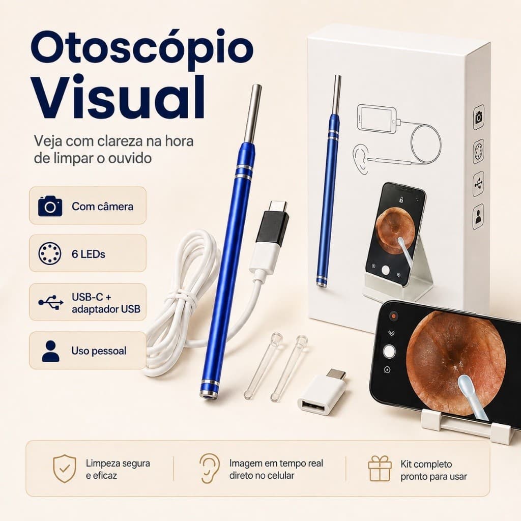 Otoscópio Visual com Câmera HD 6 LEDs USB-C para Android e PC Kit de Limpeza de Ouvido