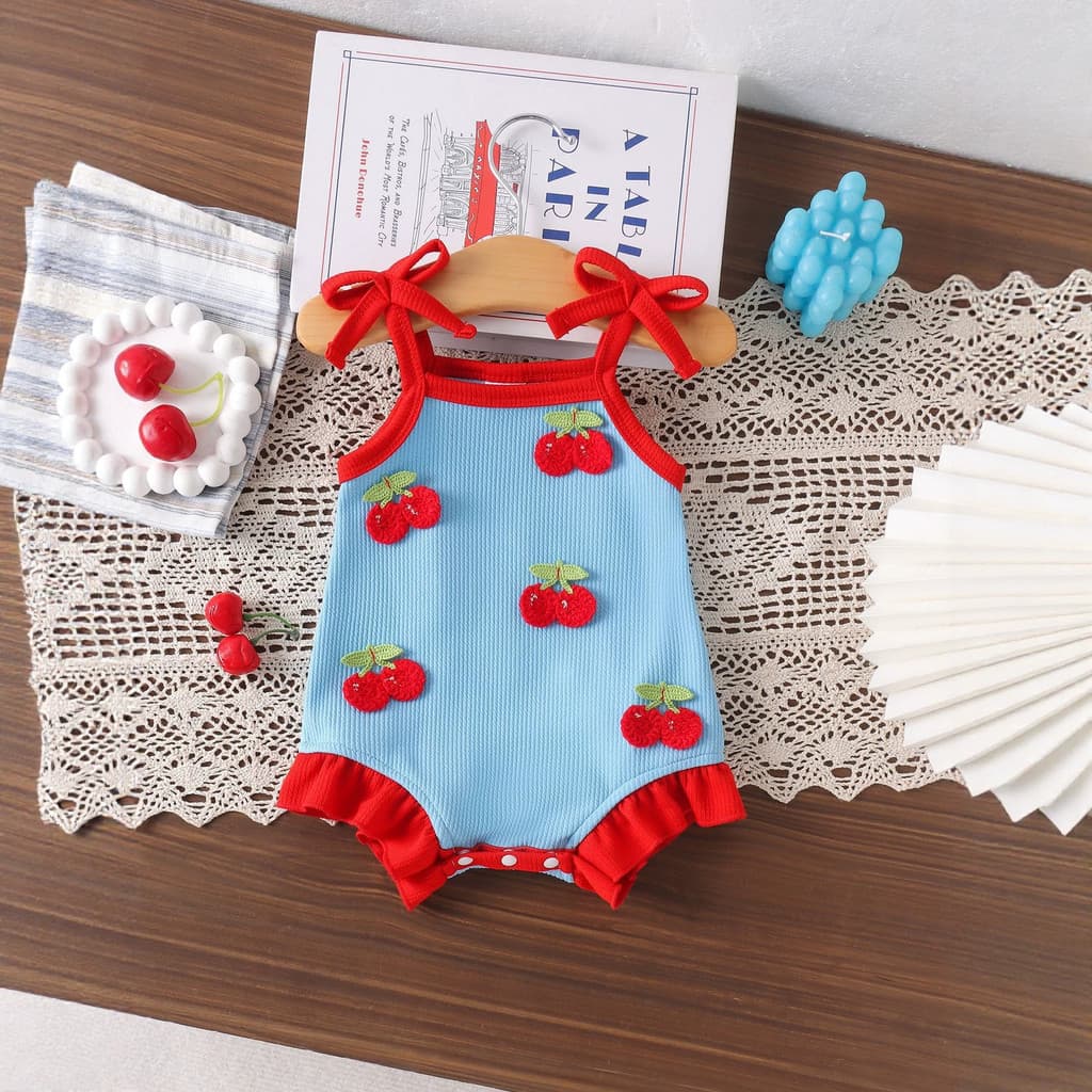Infantil artesanal cereja decoração azul vermelho contraste cor roupas de bebê passeio roupas casuais