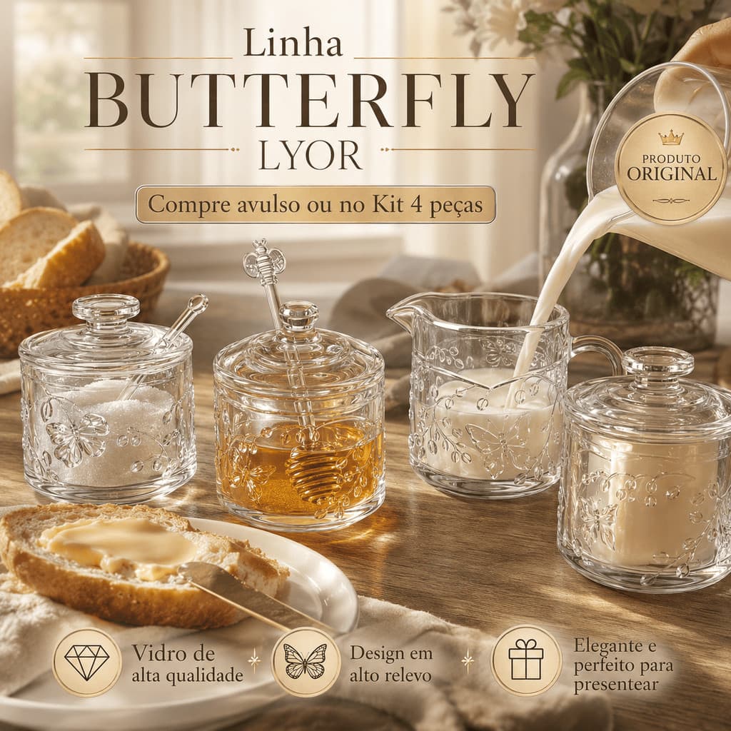 Linha Butterfly Lyor: Manteigueira Francesa, Açucareiro + Meleira e Leiteira | Utensílios para servir, armazenar e decor