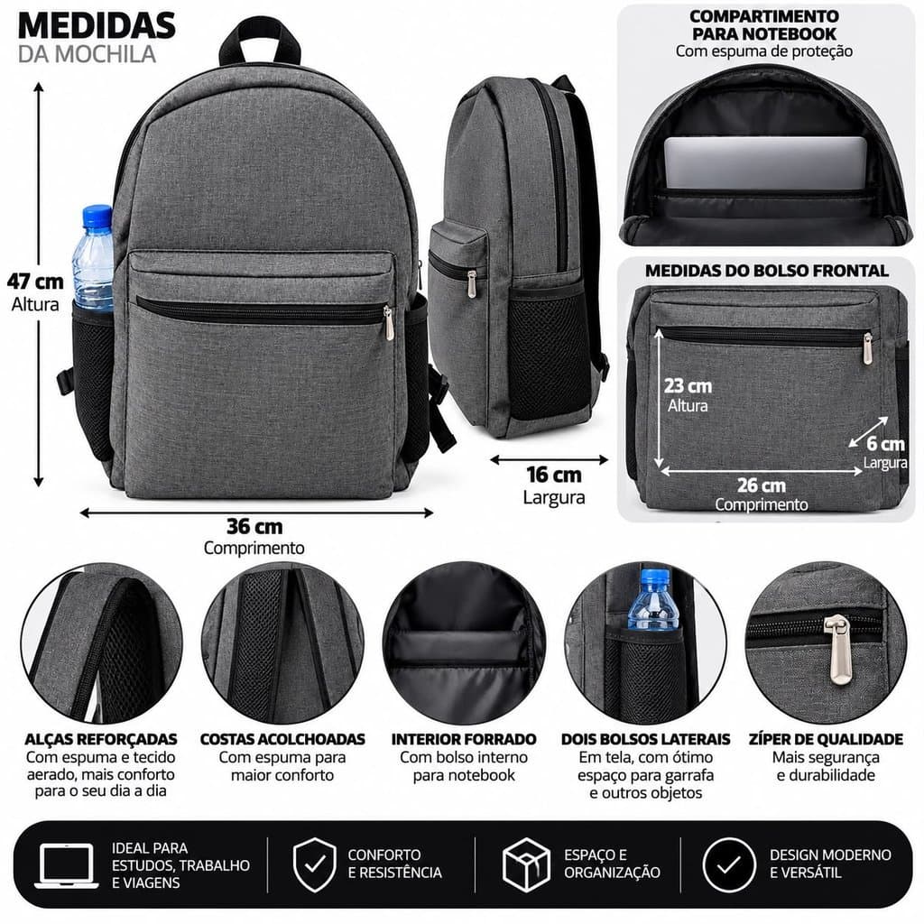 Mochila Premium Escolar Faculdade Trabalho Casual Viagem Reforçada Espaçosa