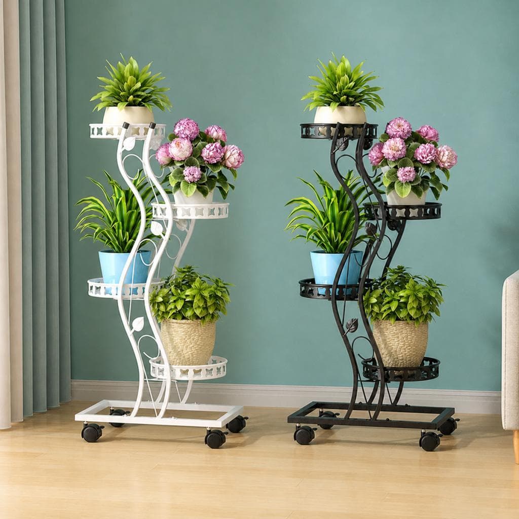 Floreira Suporte Vaso de Planta em S 4 Andar Vertical Apartamento Com Rodinha Aço Silver Steel