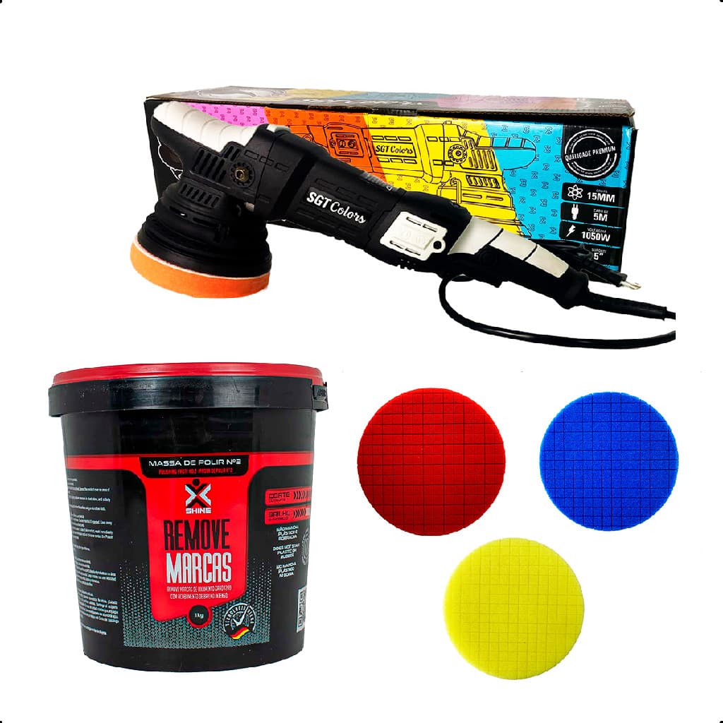 Kit Politriz Orbital SGT Colors 15mm 110V Preta Com Massa Polir Nº 2 1000g E Conjunto De Boinas 5"