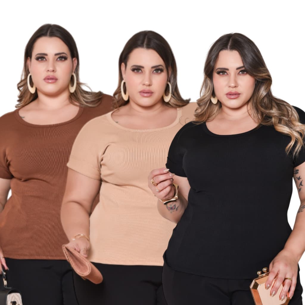 Kit 3 Camisas Femininas Plus Size Social Básica Oversized T-shirt Canelada Manga Curta Confortável