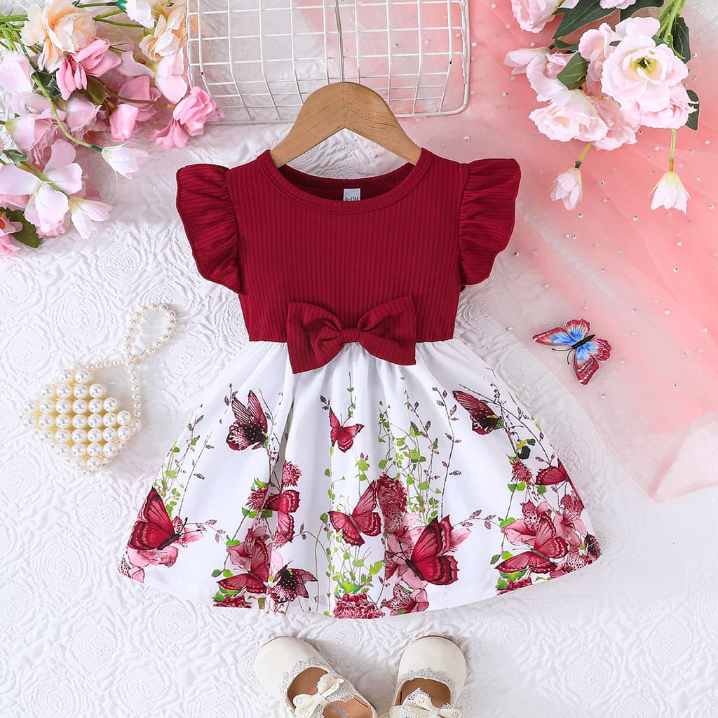 ​​Vestido Bebê Menina Estampado Borboleta 3 Meses a 3 Anos Cor Vinho Festa Aniversário Presente​​