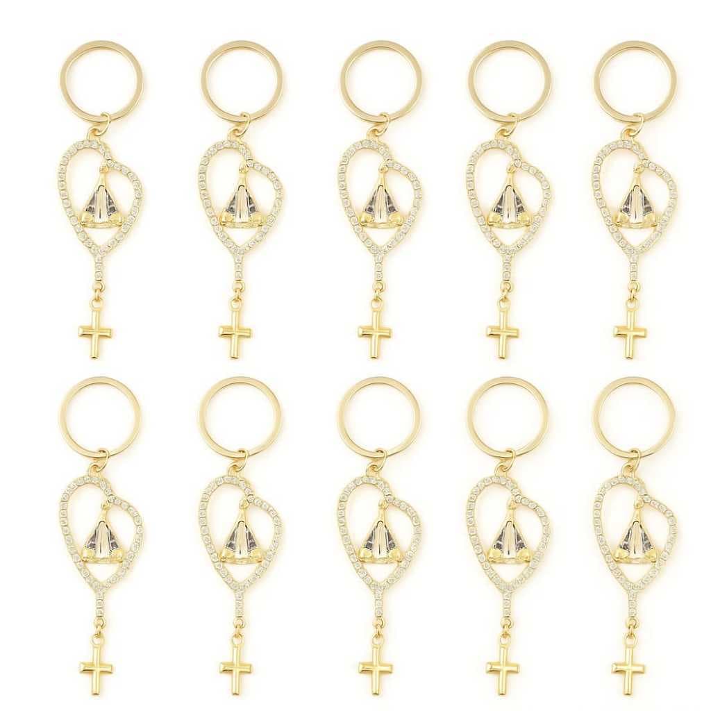 Kit10 Chaveiro Nossa Senhora Aparecida Terço Com Strass e Medalha de São Bento  Dourado e Prata