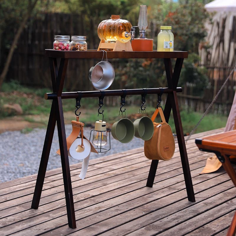 Acampamento ao ar livre Desktop dobrável rack portátil Multi-camada acampamento madeira maciça viagem churrasco triângul