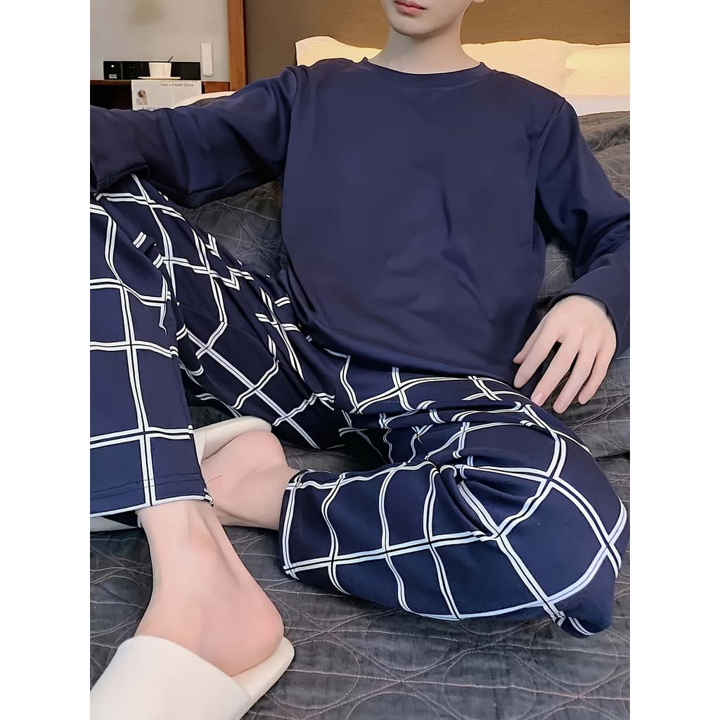 Conjunto de pijamas casuais masculinos com gola redonda, mangas compridas, pulôveres e calças, pijamas regulares de out