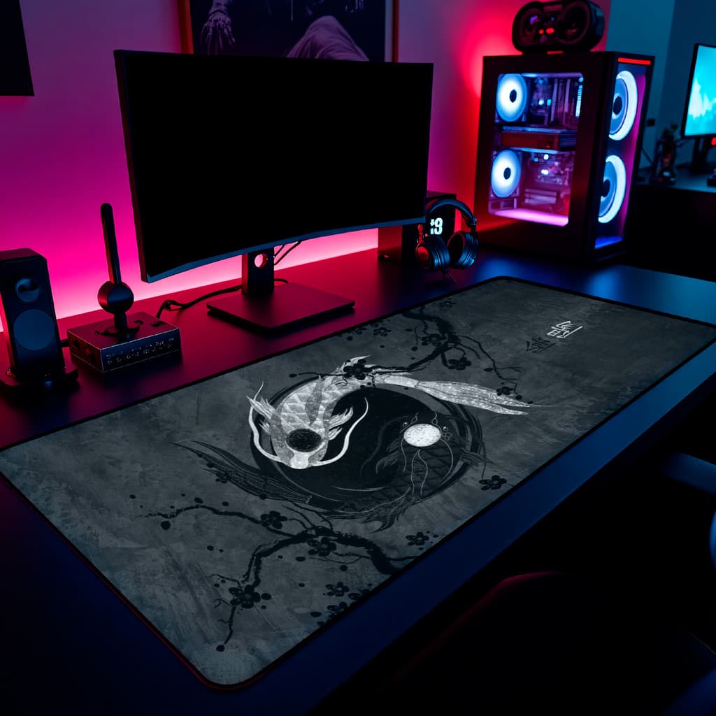 Mouse Pad Carpas Yin Yang Gamer 65x30cm / 80x40cm / 90x50cm / 120x60cm / Borda Costurada