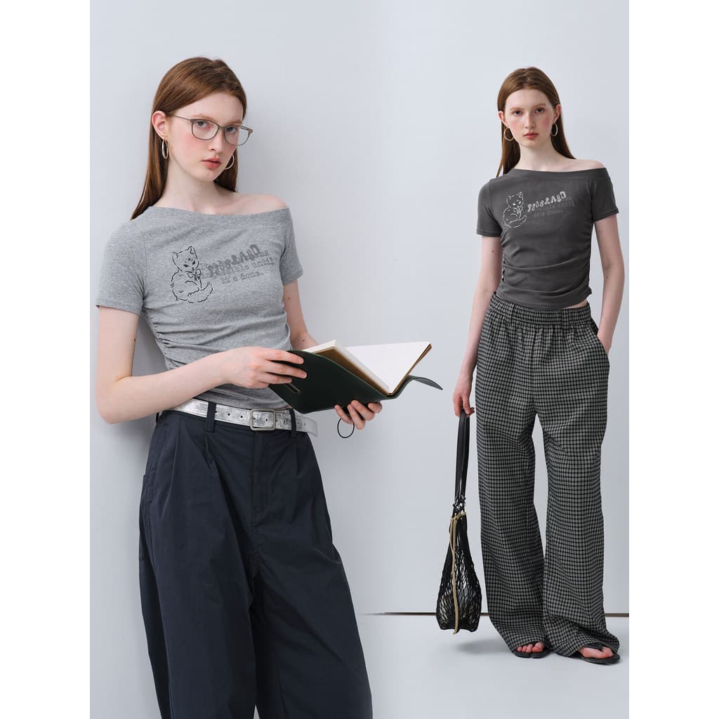 PSO Marca Feminina Gatinho Padrão Manga Curta Cross-Ombro Top Curto Feminino Cintura Estreita High-End Verão Camiseta